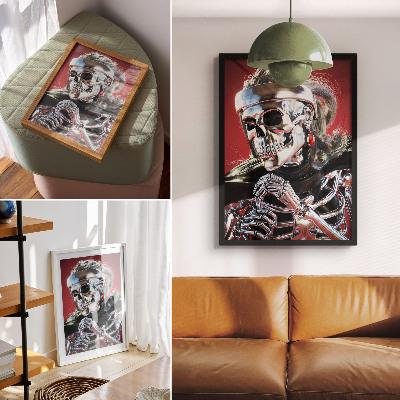 Arte de parede Um esqueleto prateado eletrizante contra um fundo vermelho.