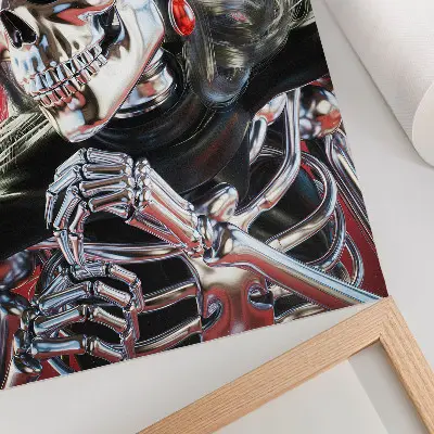 Arte de parede esqueleto prateado eletrizante em fundo vermelho