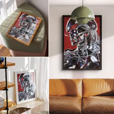 Poster para cozinha com motivo futurista de personagem em tons de preto e vermelho