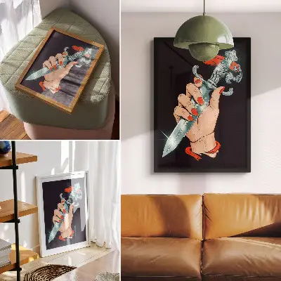 Arte de parede mão com adaga e detalhes reluzentes