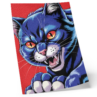 Poster para cozinha Gato azul enérgico com detalhes em laranja.