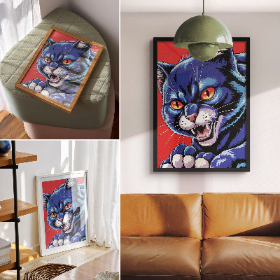 Poster para cozinha Gato azul enérgico com detalhes em laranja.