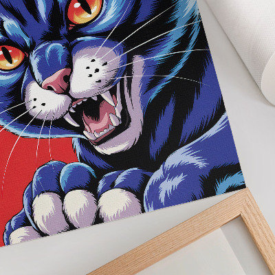 Poster para cozinha Gato azul enérgico com detalhes em laranja.