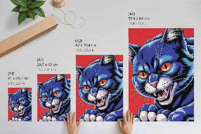 Poster para cozinha Gato azul enérgico com detalhes em laranja.