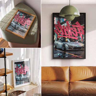 Poster decorativo Carro esportivo com grafite e vibe de vida urbana moderna.