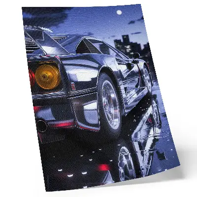 Arte de parede de carro esportivo em cidade com faróis noturnos brilhantes