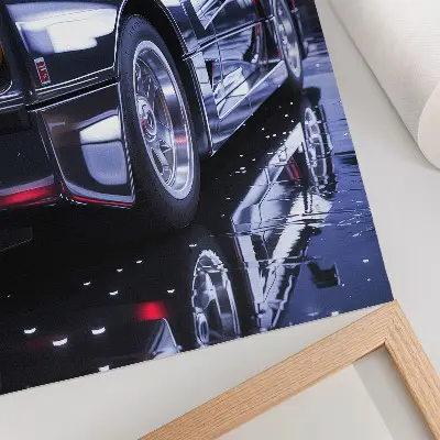 Arte de parede de carro esportivo em cidade com faróis noturnos brilhantes