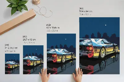 Poster para cozinha com estampa de carro esportivo em cidade à noite com elegância moderna