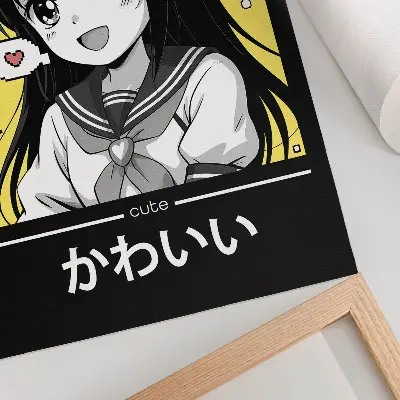 Poster decorativo com linhas pretas em estilo mangá e detalhes em amarelo