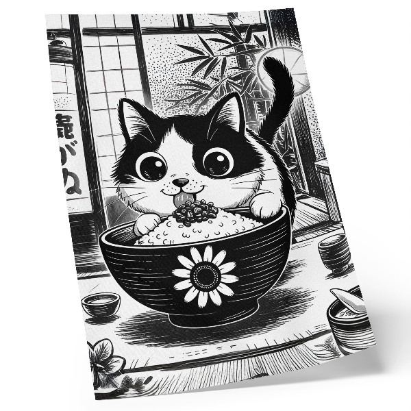 Impressão em tela Gato em uma tigela de arroz, estilo de quadrinhos, estilo oriental.