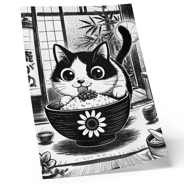Impressão em tela gato em uma tigela de arroz estilo quadrinhos oriental