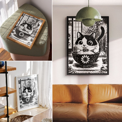 Impressão em tela Gato em uma tigela de arroz, estilo de quadrinhos, estilo oriental.