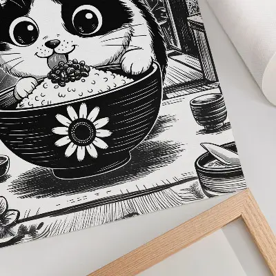 Impressão em tela gato em uma tigela de arroz estilo quadrinhos oriental