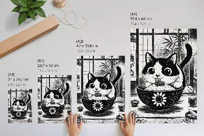 Impressão em tela Gato em uma tigela de arroz, estilo de quadrinhos, estilo oriental.