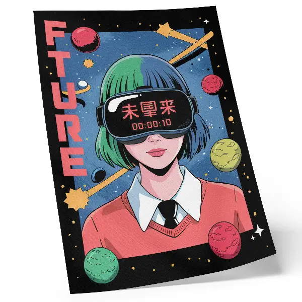 Poster para cozinha com tema de mulher em realidade virtual no espaço moderno
