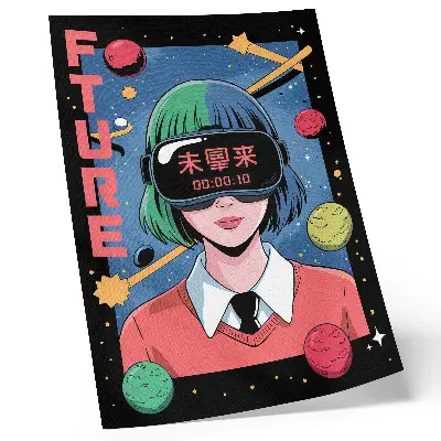 Poster para cozinha com tema de mulher em realidade virtual no espaço moderno