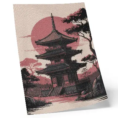 Arte de parede com estética de pagode oriental em meio à natureza e árvores
