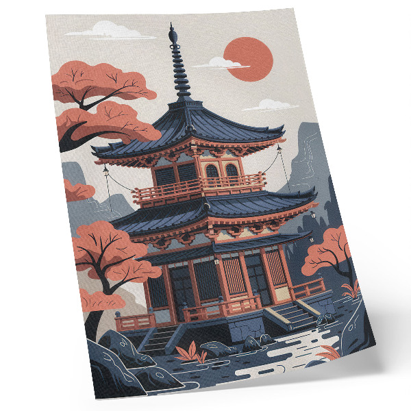 Poster para cozinha Templo japonês em tons pastel, árvores, montanhas, paz