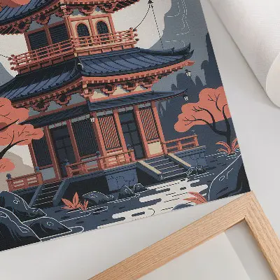 Poster para cozinha templo japonês com montanhas e árvores em tons pastel