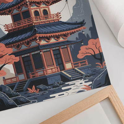 Poster para cozinha Templo japonês em tons pastel, árvores, montanhas, paz