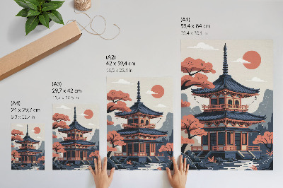 Poster para cozinha Templo japonês em tons pastel, árvores, montanhas, paz