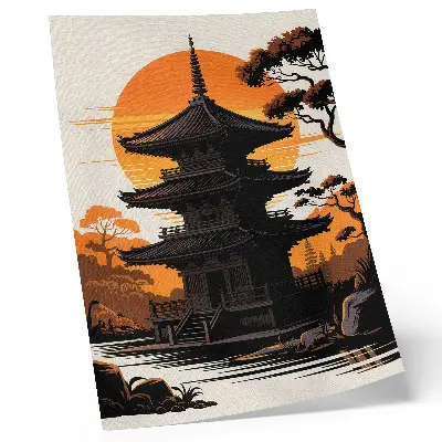Poster decorativo edifício oriental com sol, árvores e água