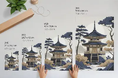 Arte de parede com tema de pagode, árvore, montanha, paz e harmonia