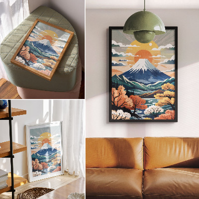 Poster decorativo Montanhas cobertas de neve, floresta colorida, pôr do sol