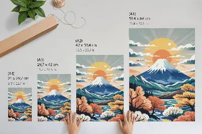 Poster decorativo montanhas cobertas de neve com floresta colorida ao pôr do sol
