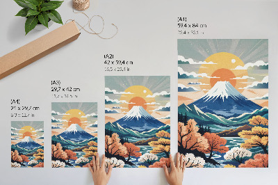 Poster decorativo Montanhas cobertas de neve, floresta colorida, pôr do sol