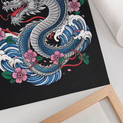 Impressão em tela Um dragão entre flores e ondas, uma composição dinâmica.