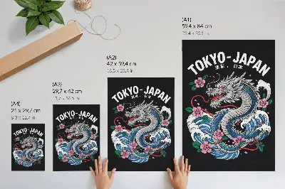 Impressão em tela quadro de um dragão entre flores e ondas com composição dinâmica