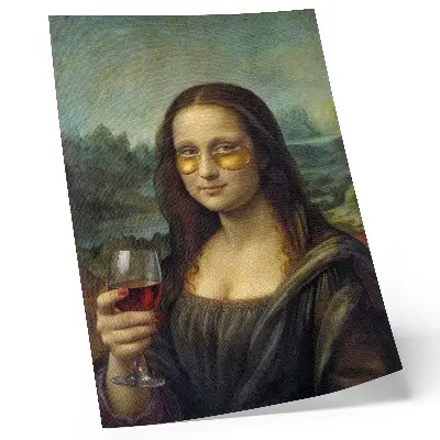 Arte de parede óculos amarelos, vinho tinto e retrato renascentista