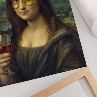 Arte de parede óculos amarelos, vinho tinto e retrato renascentista