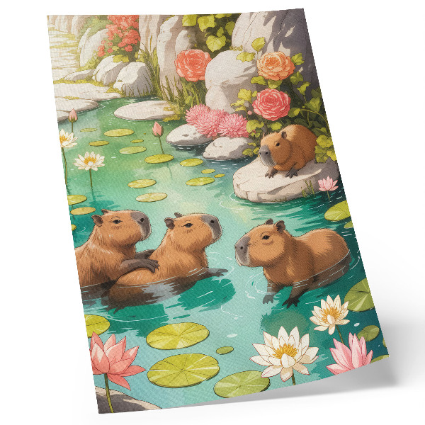 Poster decorativo Capivaras no lago, flores, harmonia da natureza