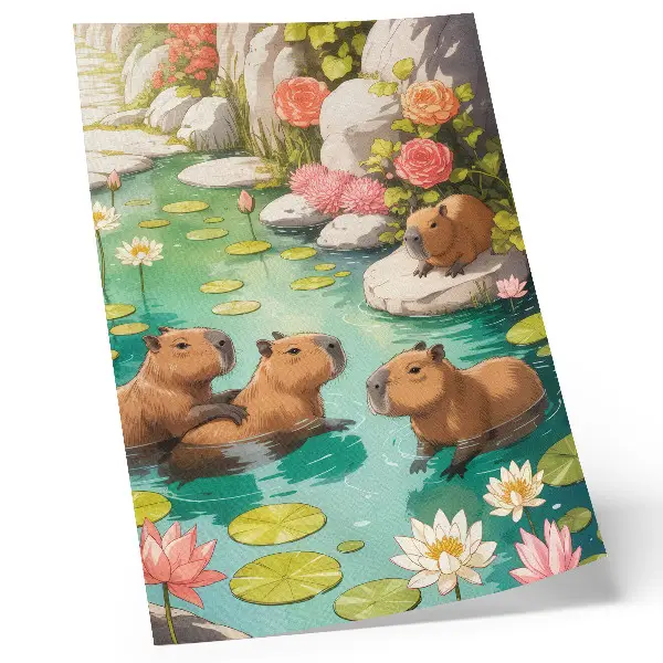 Poster decorativo com estampa de capivaras no lago, flores e harmonia da natureza