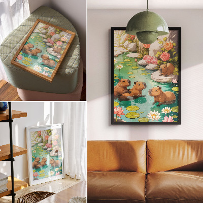 Poster decorativo Capivaras no lago, flores, harmonia da natureza