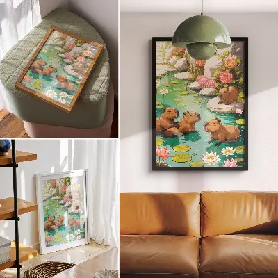 Poster decorativo com estampa de capivaras no lago, flores e harmonia da natureza