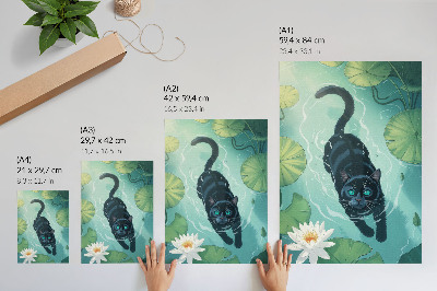 Impressão em tela Gato na água, delicadas folhas de nenúfar