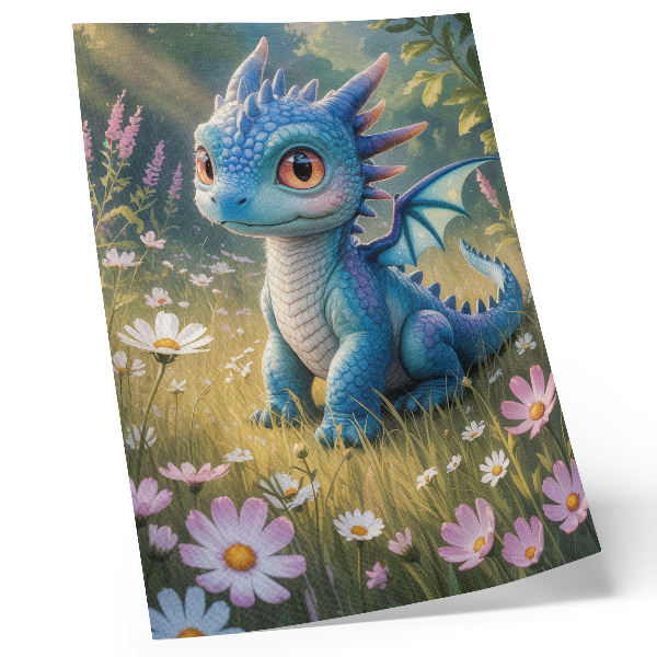 Arte de parede Um dragão azul elegante entre flores