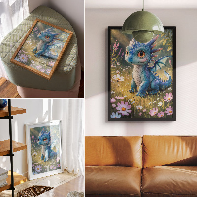Arte de parede Um dragão azul elegante entre flores