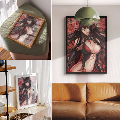 Poster para cozinha Beleza e elegância do anime, vermelho e preto dinâmicos.