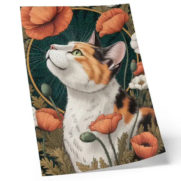 Impressão em tela gato entre as papoulas em estilo de ilustração de natureza