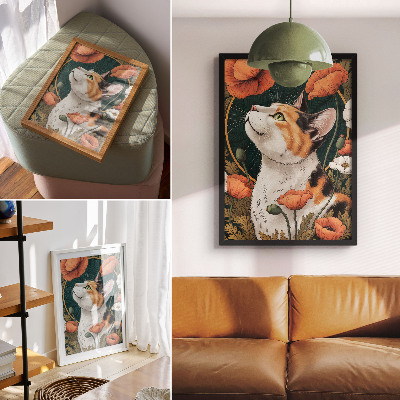 Impressão em tela Gato entre as papoulas, estilo de ilustração, natureza