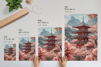 Poster para cozinha com estampa de pagode de cerejeiras nas montanhas em atmosfera romântica