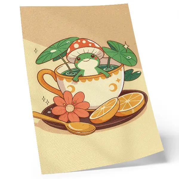 Poster decorativo sapo em uma xícara com flores, laranjas e folhas