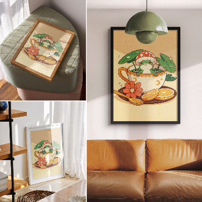Poster decorativo Sapo em uma xícara de flores, laranjas e folhas.