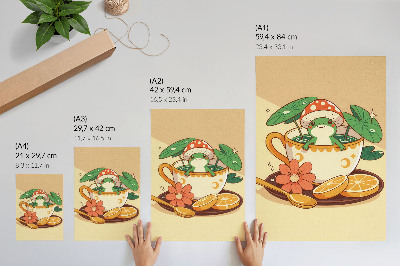 Poster decorativo Sapo em uma xícara de flores, laranjas e folhas.