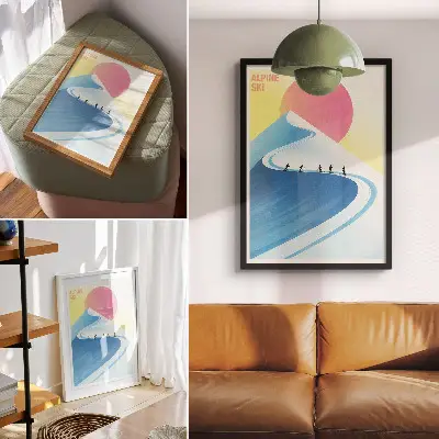 Impressão em tela cena minimalista com esquiadores e o céu