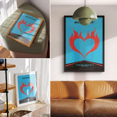 Arte de parede tema moderno com chamas vermelhas em formato de coração e fundo azul